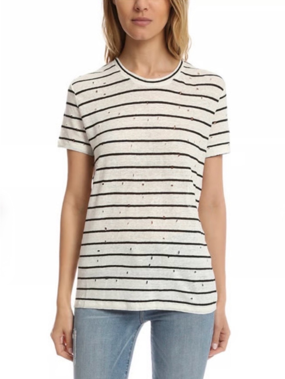 IRO Women's Mina Linen Striped Distressed short sleeve Tee shirt white and black